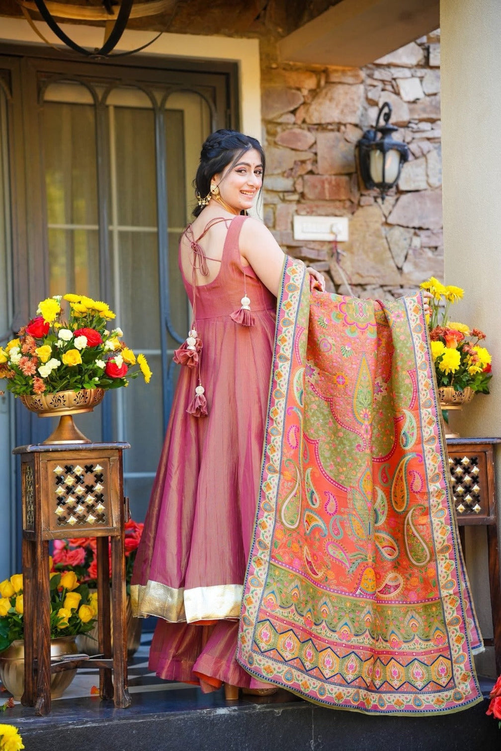 Party wear kurti set with heavy printed dupatta peach pink
