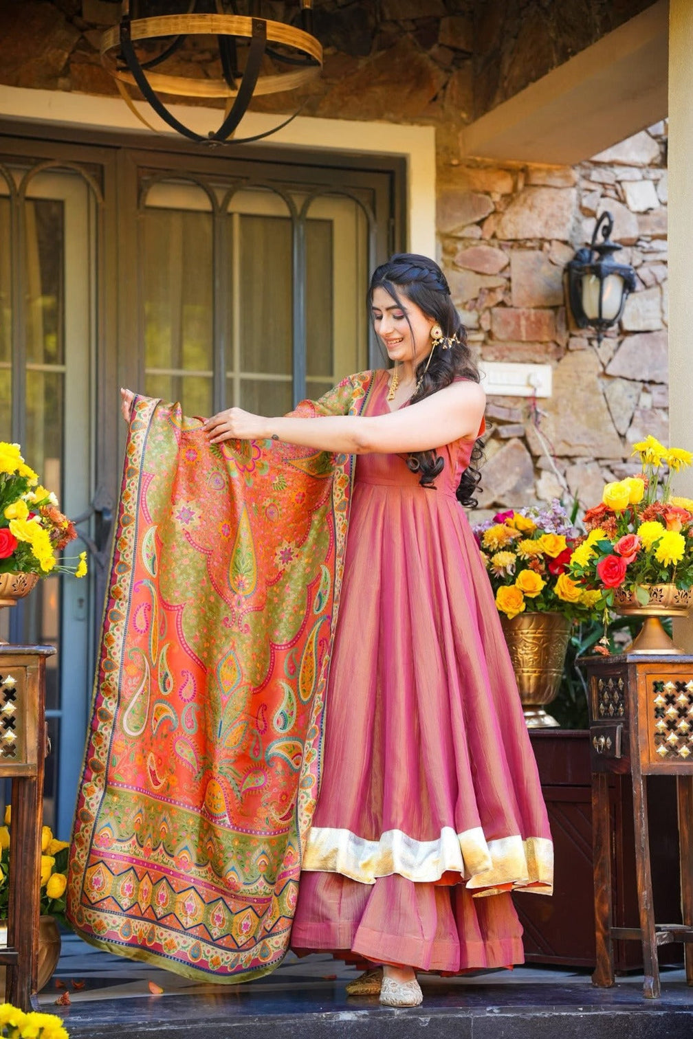 Party wear kurti set with heavy printed dupatta peach pink