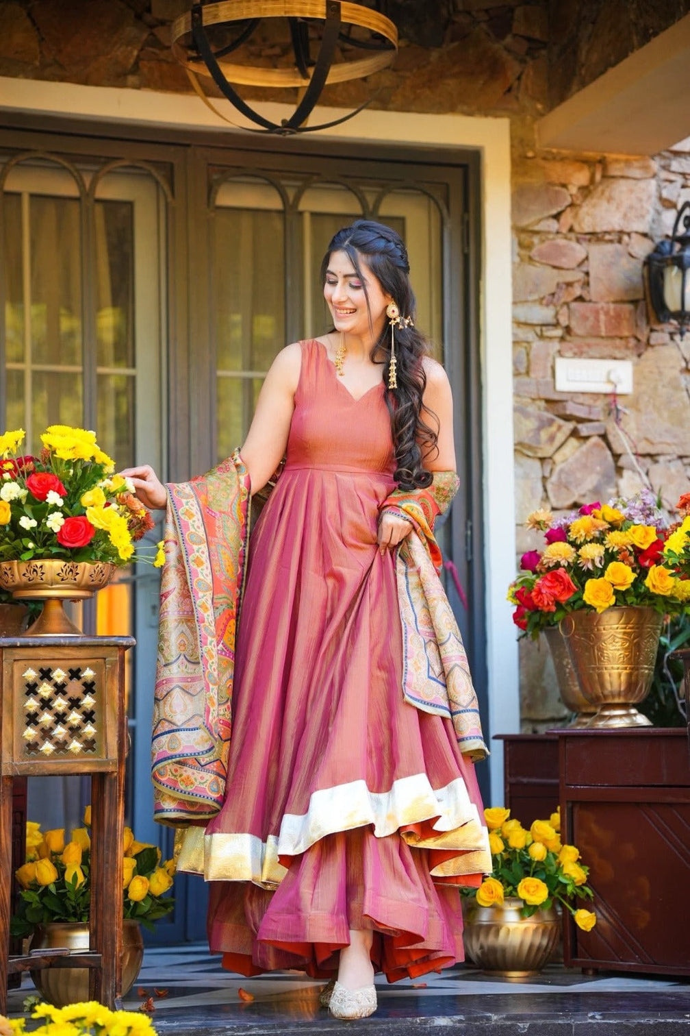 Party wear kurti set with heavy printed dupatta peach pink