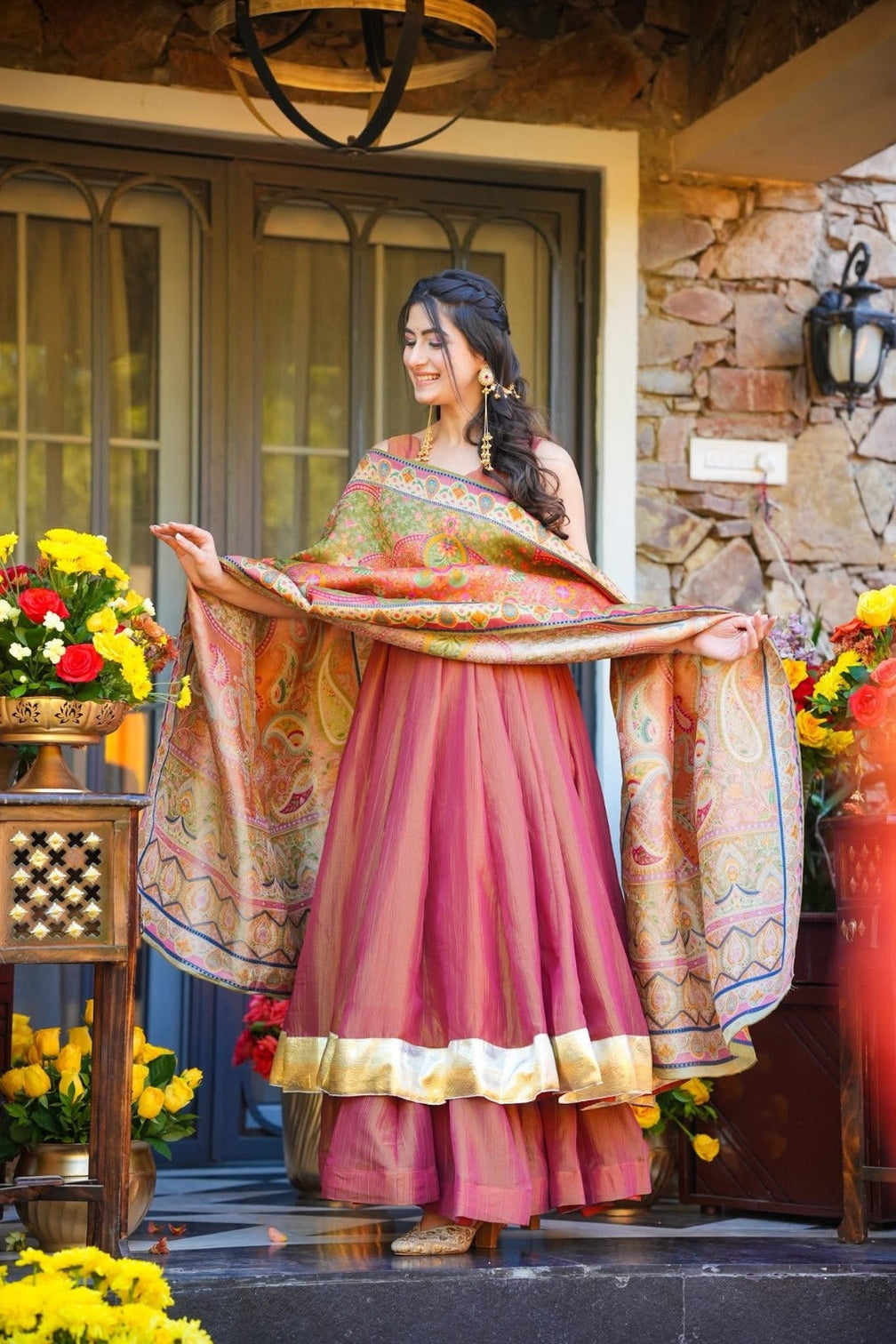 Party wear kurti set with heavy printed dupatta peach pink mameraa