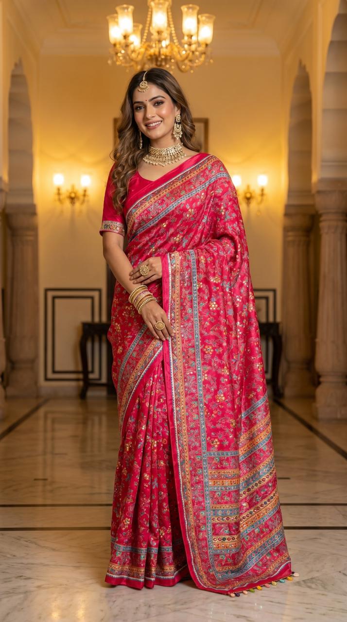 Rani pink mirror work silk saree with regal ethnic borders mameraa