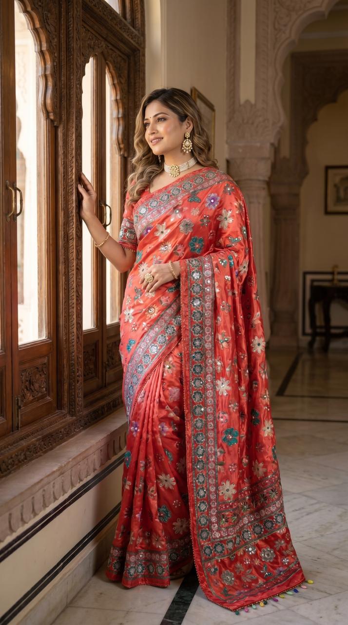 Burnt orange mirror work silk saree with floral ethnic design