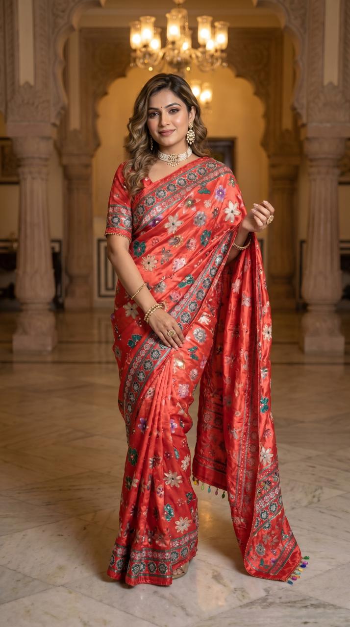 Burnt orange mirror work silk saree with floral ethnic design mameraa
