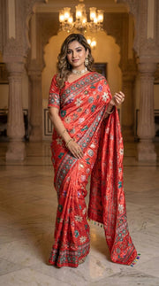 Burnt orange mirror work silk saree with floral ethnic design mameraa
