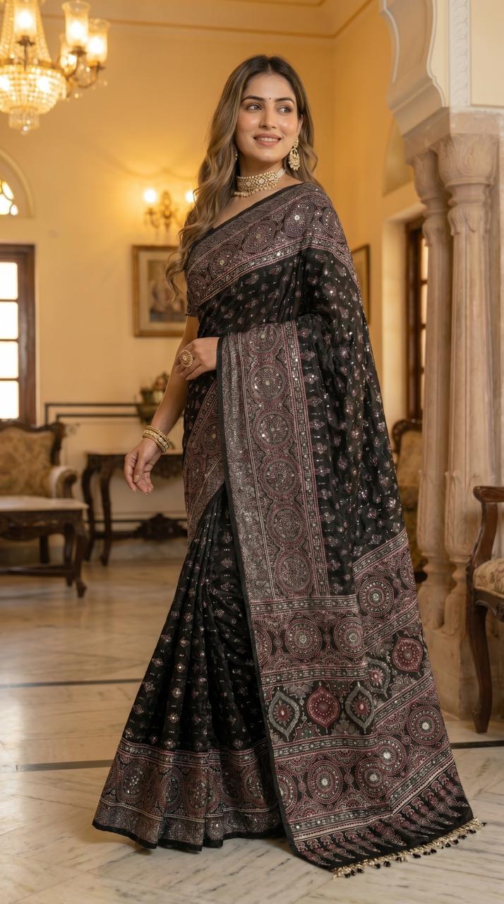 Black modal silk ajrakh printed saree with heritage medallion motifs rich traditional pallu tassel detailing