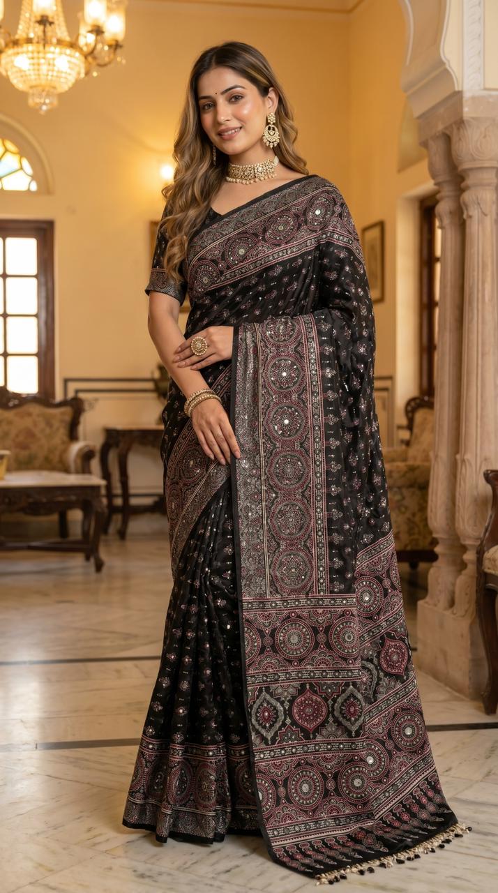 Black modal silk ajrakh printed saree with heritage medallion motifs rich traditional pallu tassel detailing mameraa