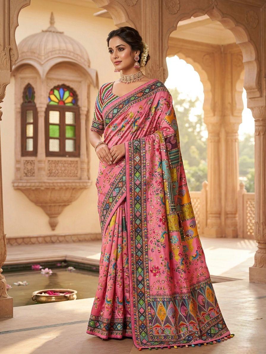 Multicolor soft fox georgette saree with real mirror work khatli hand embellishments mameraa