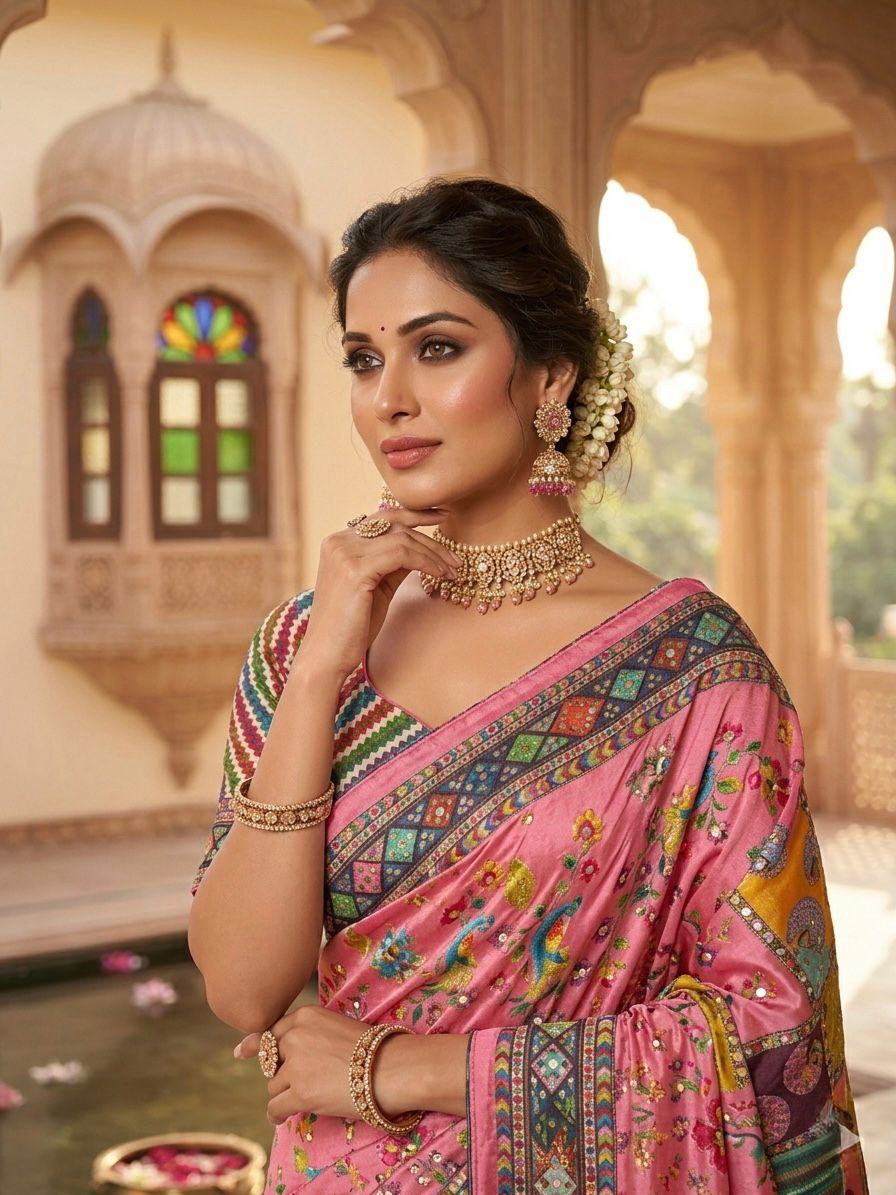 Multicolor soft fox georgette saree with real mirror work khatli hand embellishments