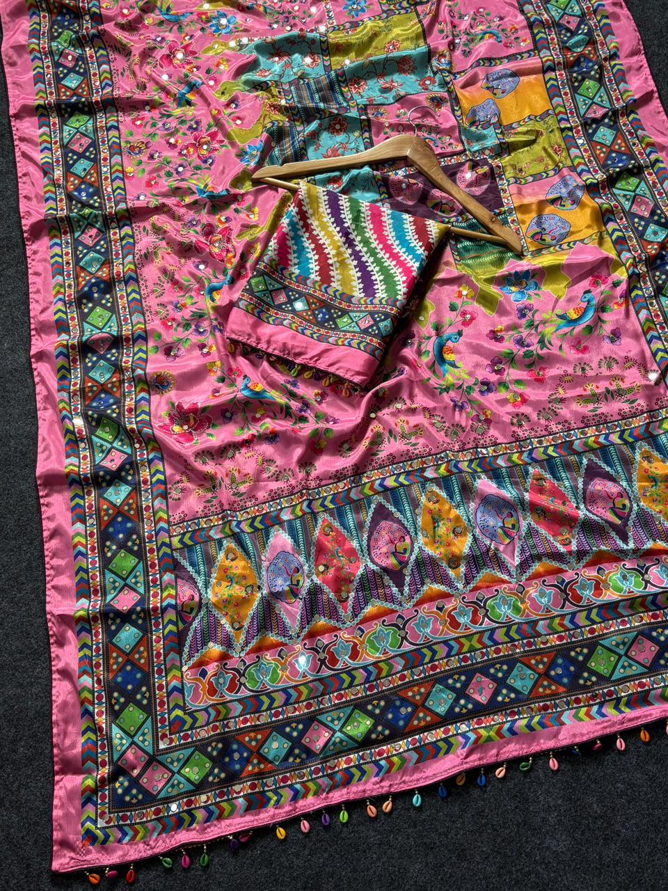 Multicolor soft fox georgette saree with real mirror work khatli hand embellishments