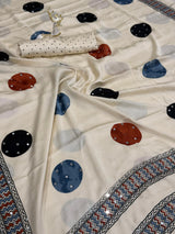 Admirable Beige Printed Mirror Work Satin Silk Saree With Mesmerising Blouse Piece