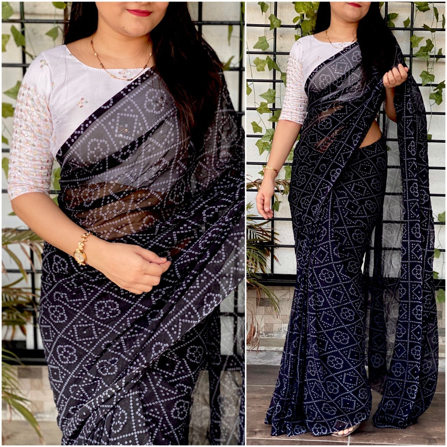 Bandhani printed Georgette Saree with Mirror work Blouse