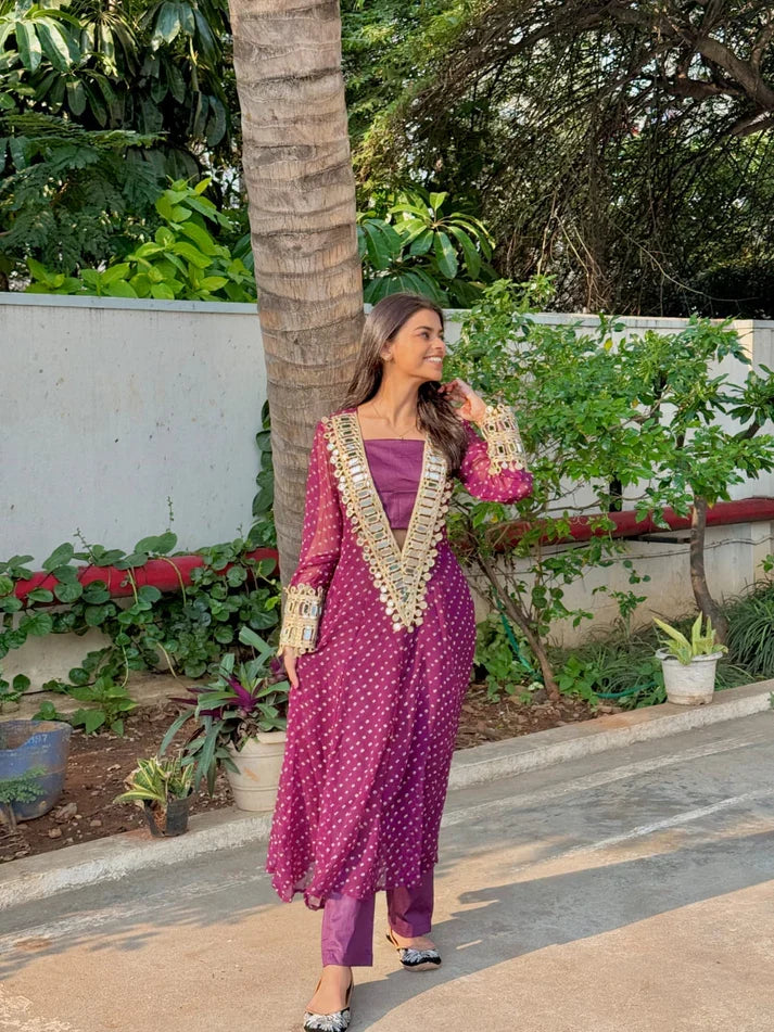 Designer mirror work anarkali suit set for women georgette fabric available in mehendi green royal blue black wine purple