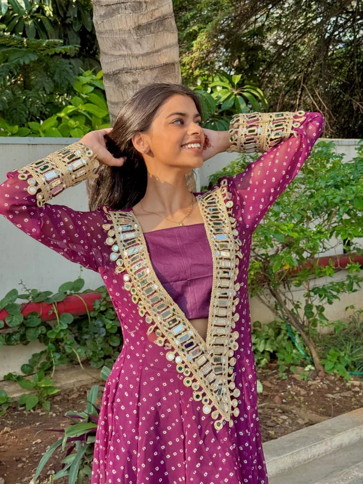 Designer mirror work anarkali suit set for women georgette fabric available in mehendi green royal blue black wine purple