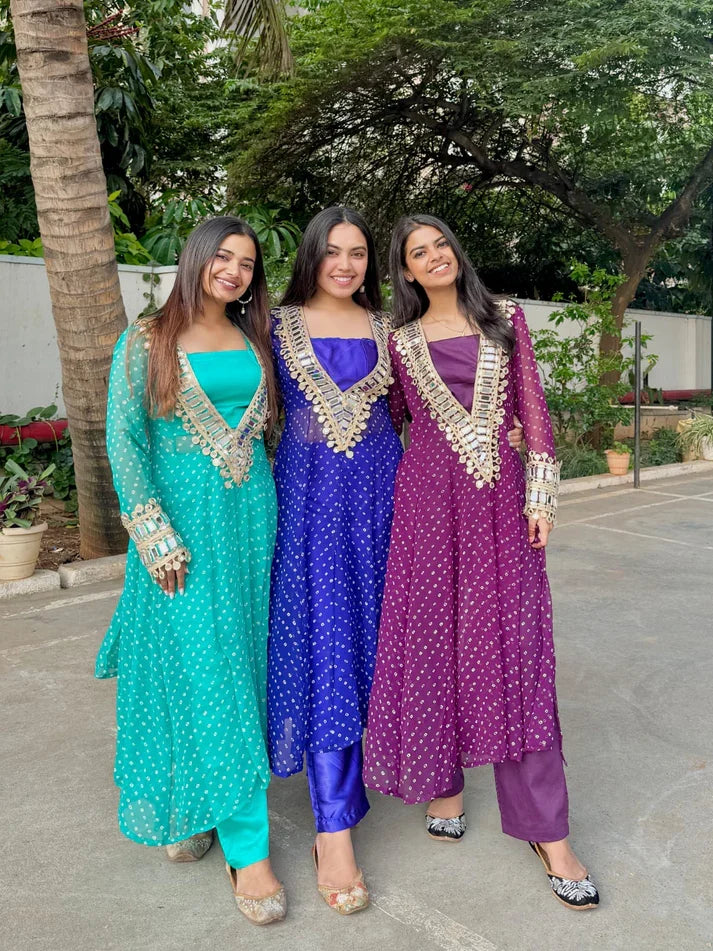 Designer mirror work anarkali suit set for women georgette fabric available in mehendi green royal blue black wine purple mameraa