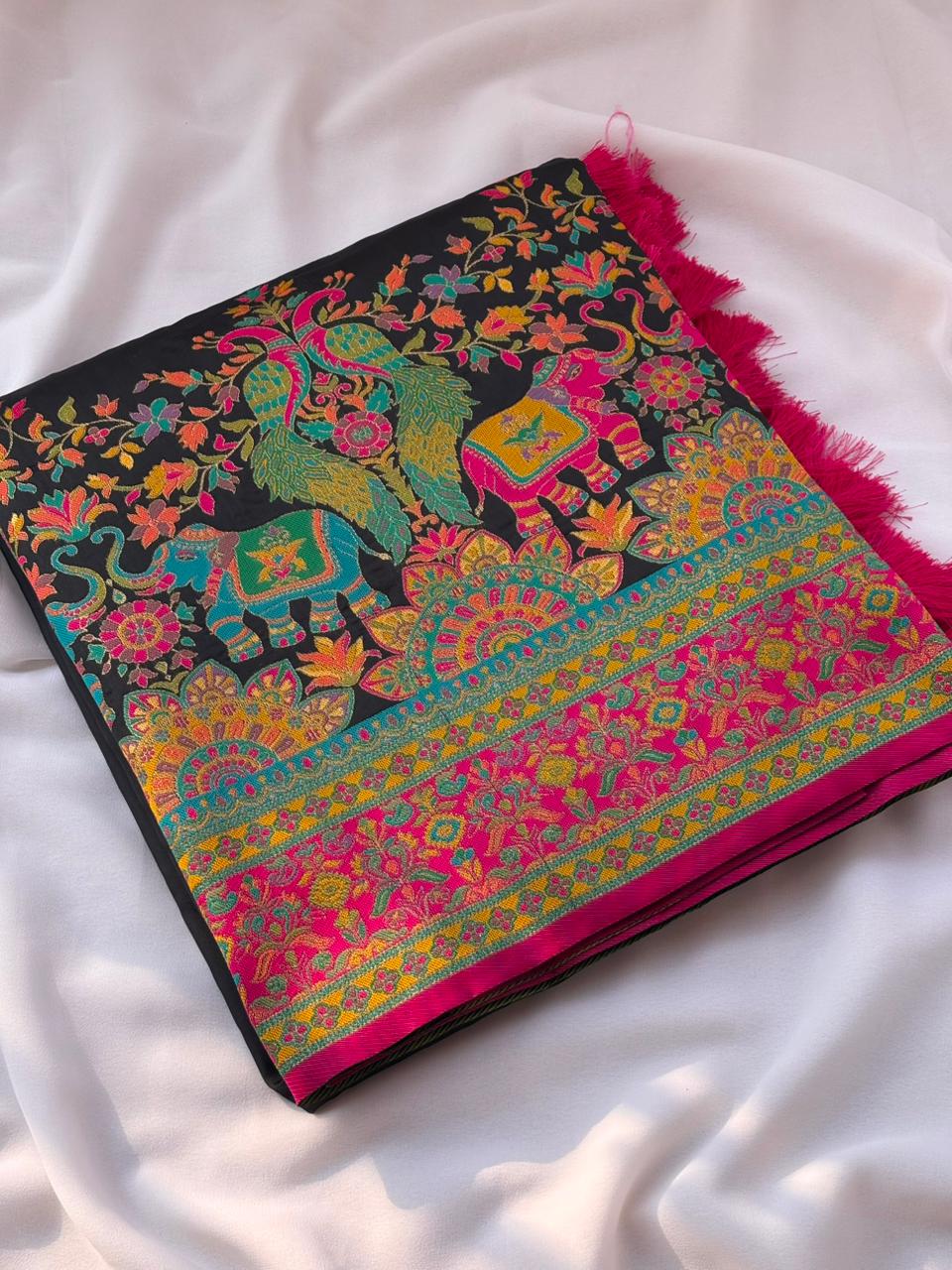 Pashmina Silk Darbari Saree with Meenakari Zari Woven Border Traditional Pallu with Tassels