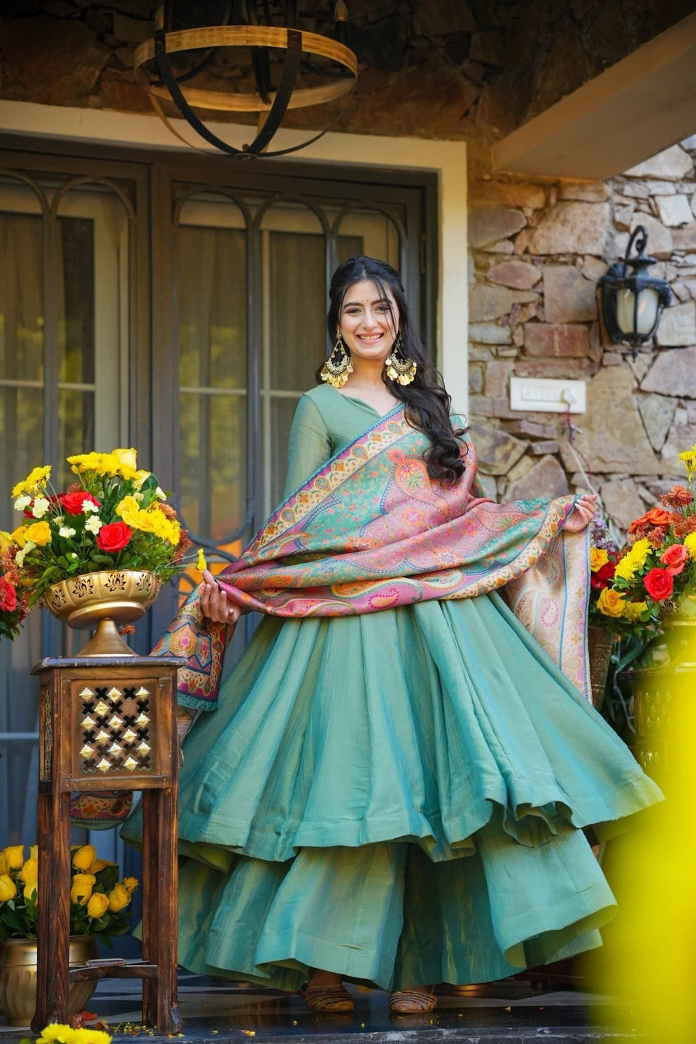 Festive wear mehendi green kurti sharara set with designer dupatta mameraa