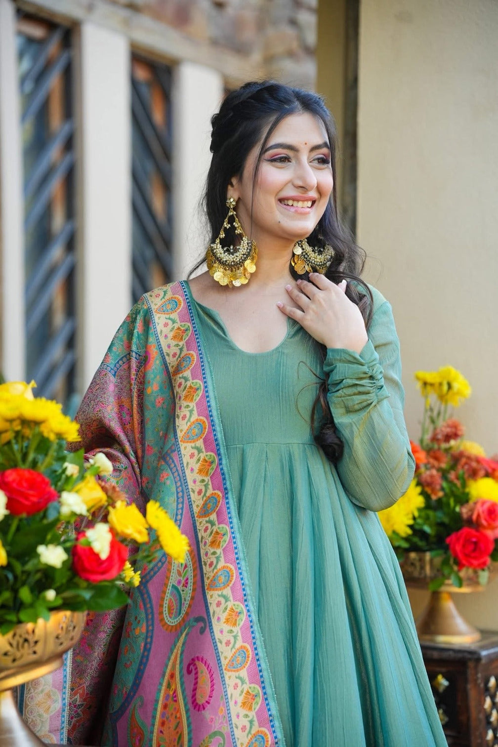 Festive wear mehendi green kurti sharara set with designer dupatta