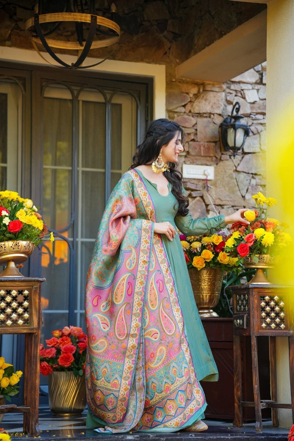 Festive wear mehendi green kurti sharara set with designer dupatta