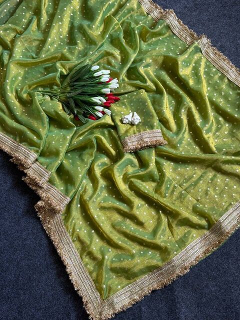 Graceful green viscose saree with embroidered lace border