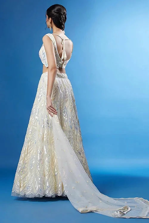 White Soft Net Bollywood Sequins Lehenga Set Online