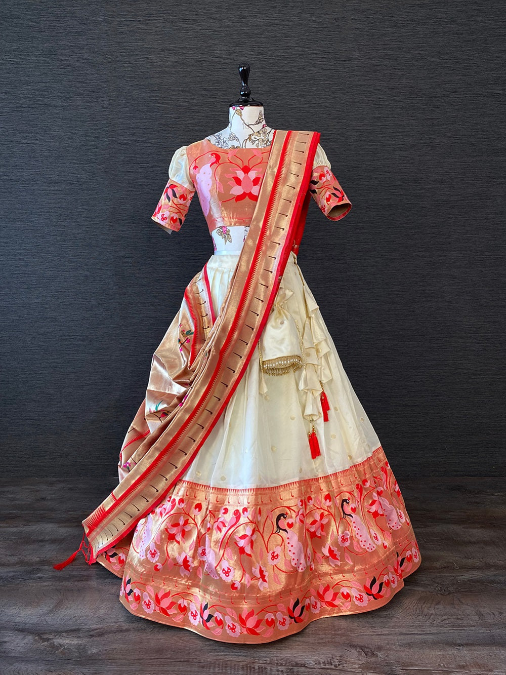 White Color Weaving Zari Work Jacquard Pethani Lehenga Set