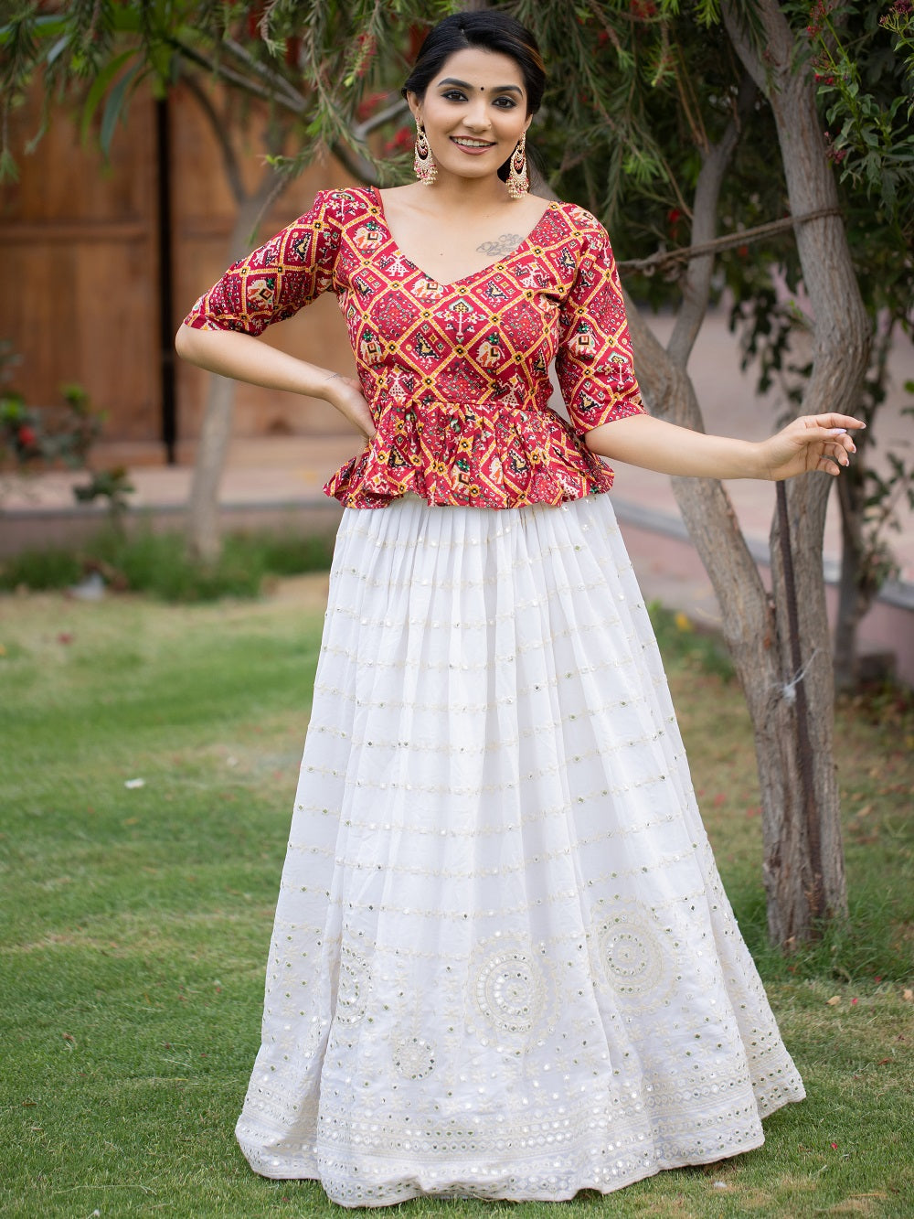 White Color Paper Mirror And Thread Embroidery Work Georgette Two Piece Lehenga Choli Set