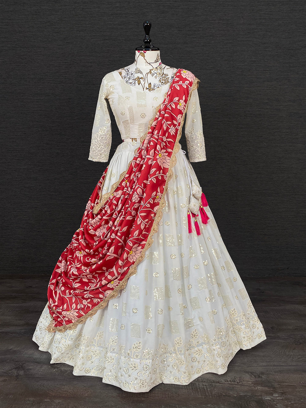 White Color Sequins And Thread Embroidery Work Georgette Lehenga Choli With Muslin Silk Dupatta