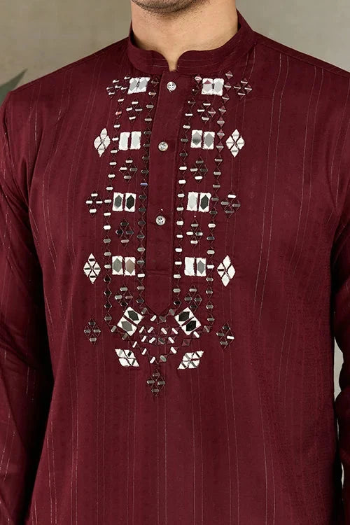 Traditional Maroon Mirror Embroidered Kurta with Dupatta