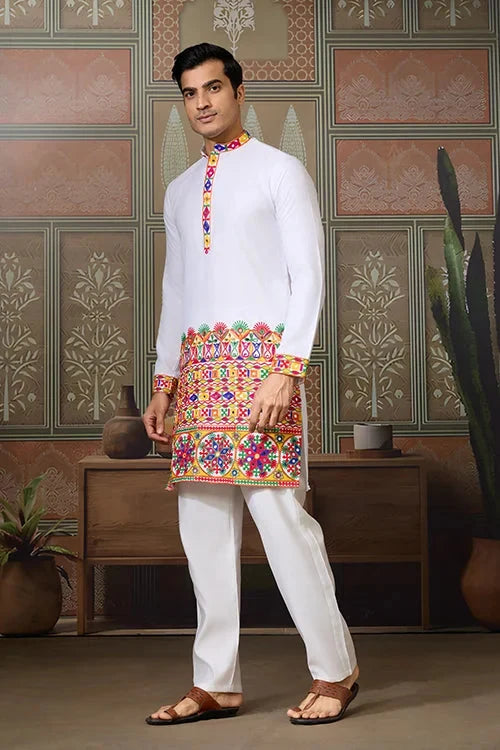 Stylish White Cotton Readymade Men’s Navratri Kurta