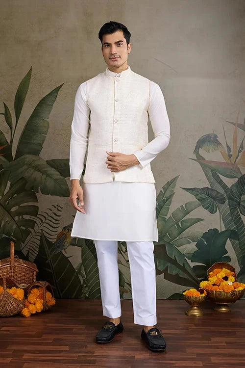 White Roman Silk Kurta with Jacquard Koti Jacket
