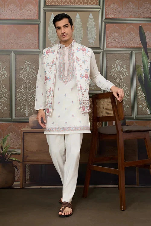 Ethnic White Embroidered Koti Kurta Set for Men