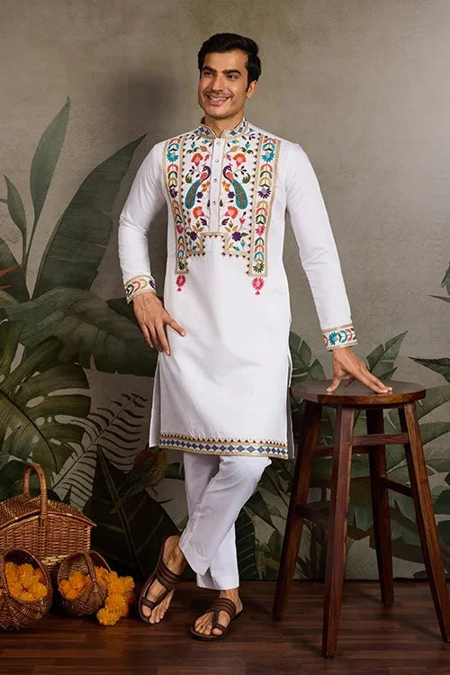 White Embroidered Mens Kurta for Special Events