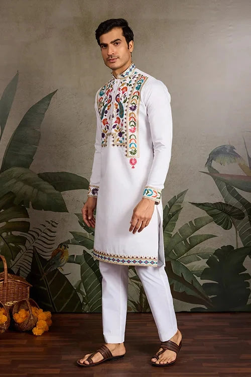 White Embroidered Mens Kurta for Special Events
