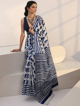 Libas White Paisley Batik Print Cotton Saree