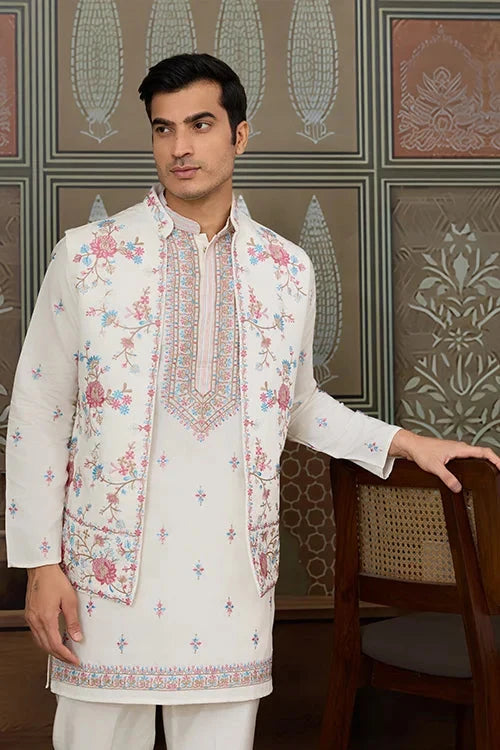 Ethnic White Embroidered Koti Kurta Set for Men