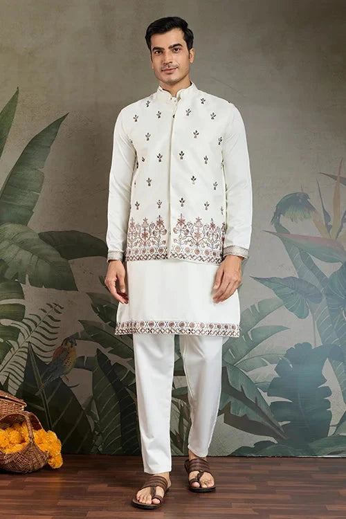 Cultural Function Special White Color Kurta Koti for Men