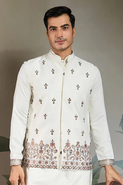 Cultural Function Special White Color Kurta Koti for Men