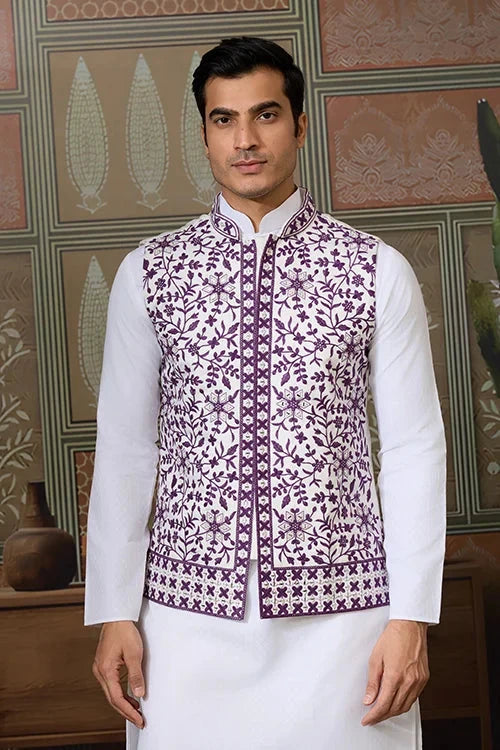Classic White Mens Kurta Pajama with Stylish Purple Koti
