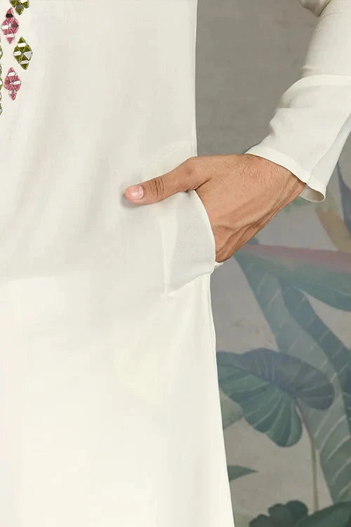 Wedding Special White Mirror Work Kurta with Dupatta for Men