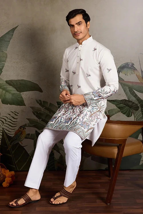 White Embroidered Work Kurta for Groom Wedding Look