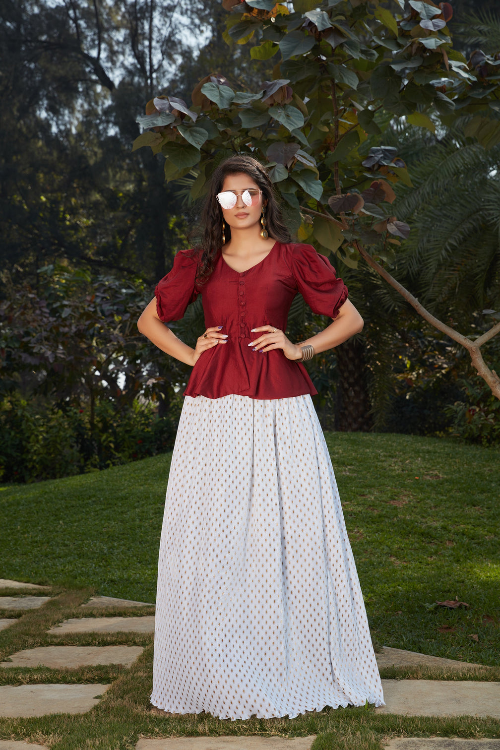 White-Maroon Imported Indo Western Ready To Wear Skirt With Crop Top