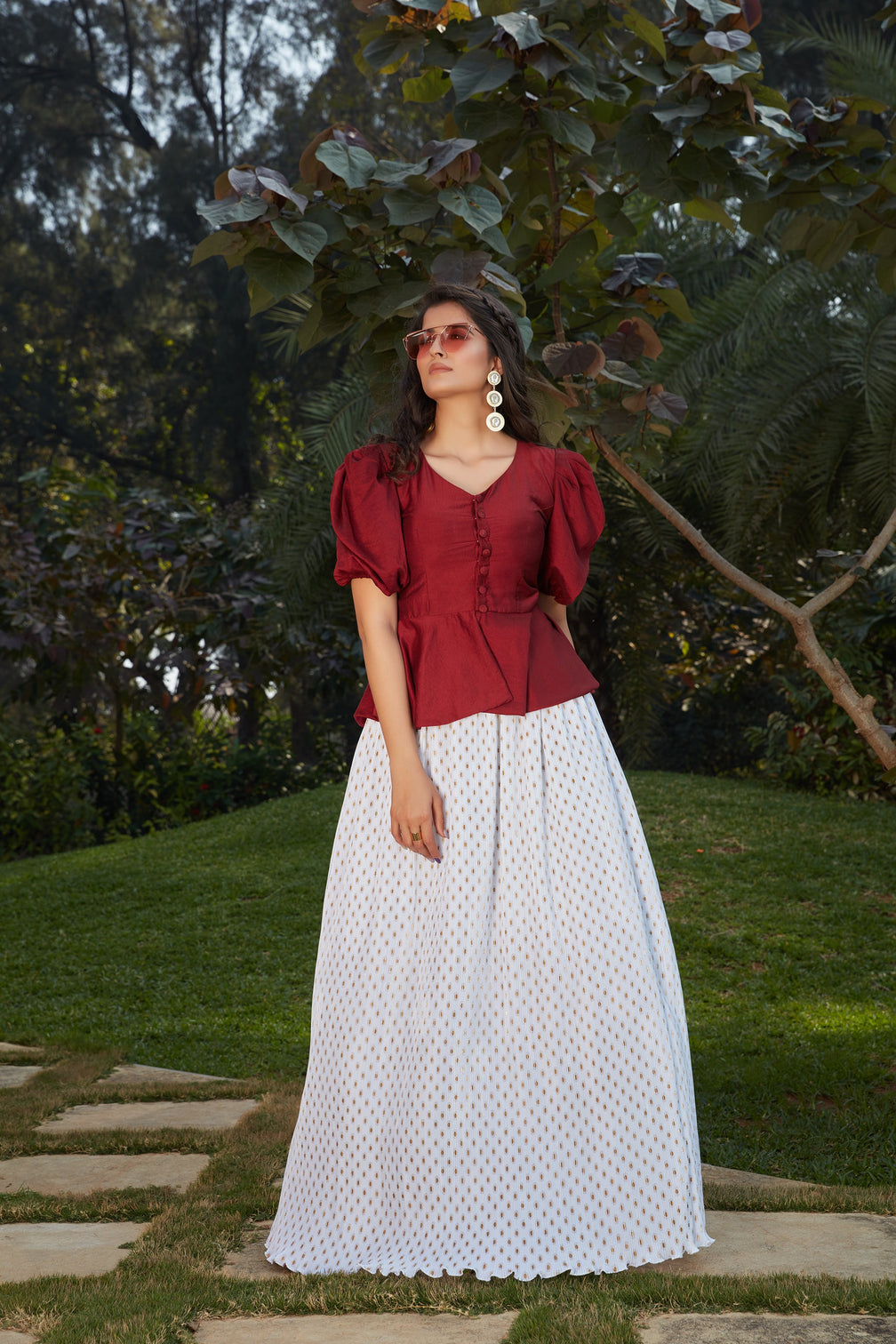 White-Maroon Imported Indo Western Ready To Wear Skirt With Crop Top