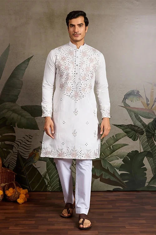 Classic White Mirror with Embroidered Work Kurta for Weddings