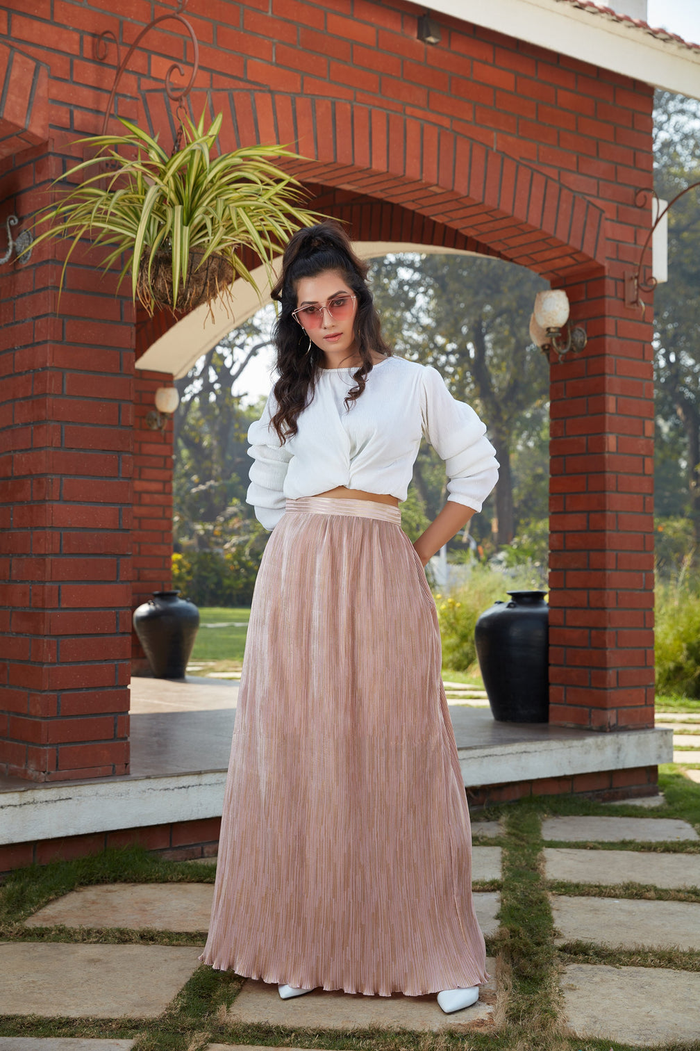 White-Peach Imported Indo Western Ready To Wear Skirt With Crop Top