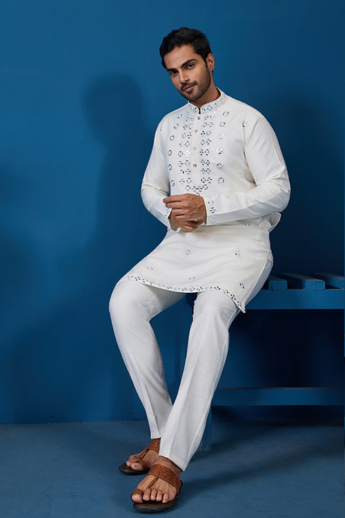 White Real Mirror Work Kurta Pant Set for Mens Wear
