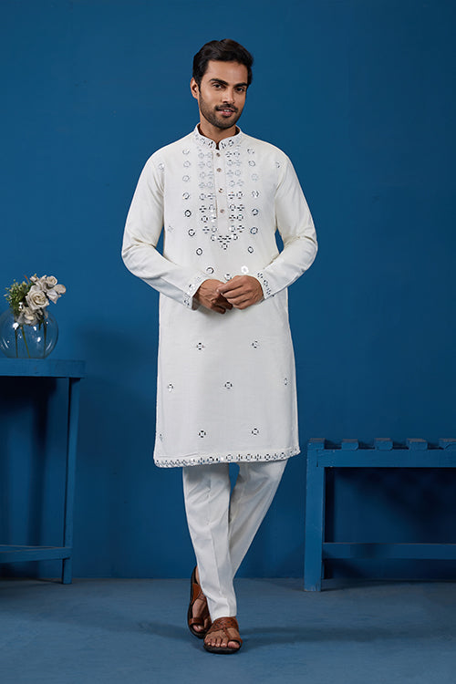 White Real Mirror Work Kurta Pant Set for Mens Wear