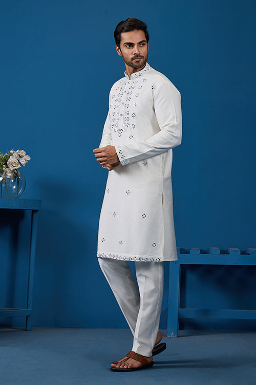 White Real Mirror Work Kurta Pant Set for Mens Wear