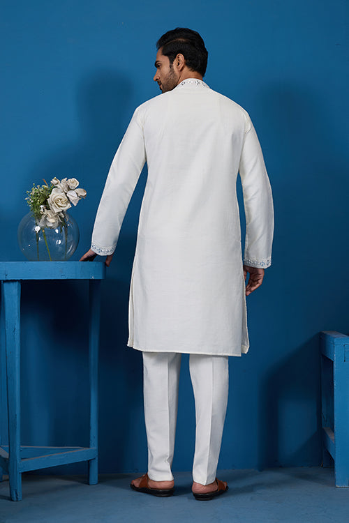 White Real Mirror Work Kurta Pant Set for Mens Wear