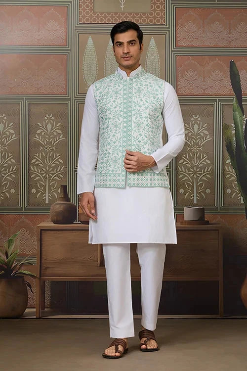 Wedding White Kurta Pajama with Green Koti Style