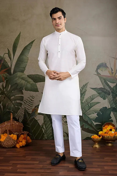White Roman Silk Kurta with Jacquard Koti Jacket
